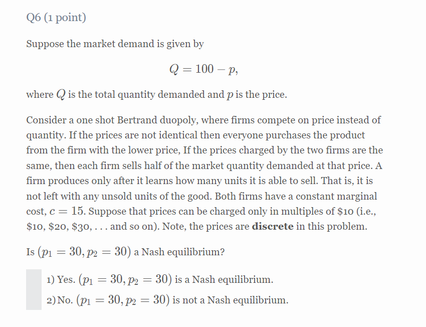 Solved 26 (1 point) Suppose the market demand is given by Q= | Chegg.com