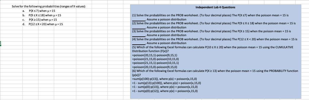 Solved On the PROB worksheet, use =POISSON(x, m, 0) to | Chegg.com