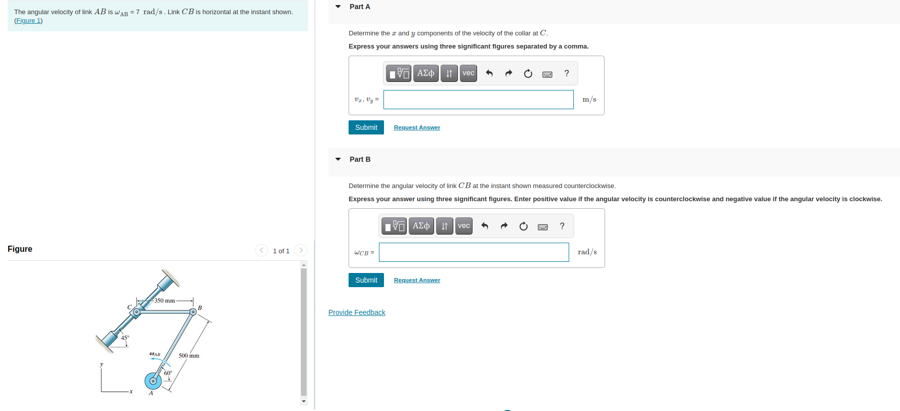 Solved Part B Determine the angular velocity of link CB at | Chegg.com