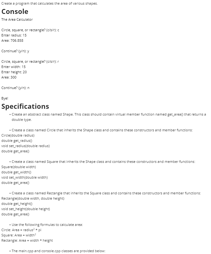 Solved Create a program that calculates the area of various | Chegg.com