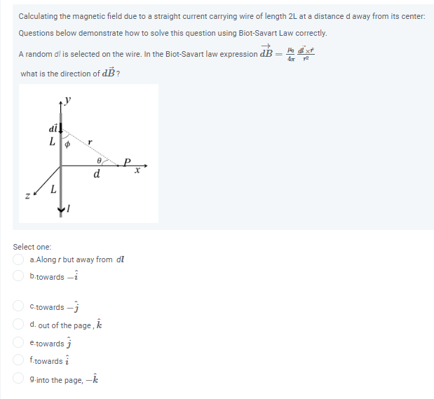 Calculating the magnetic field due to a straight current carrying wire of length \( 2 \mathrm{~L} \) at a distance d away fro