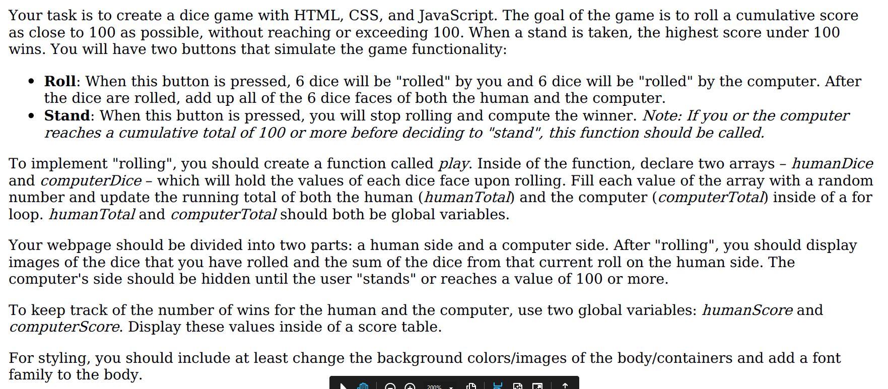 Solved Your task is to create a dice game with HTML, CSS, | Chegg.com