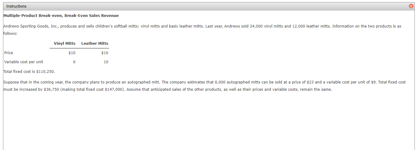 Solved Instructions Multiple-Product Break-even, Break-Even