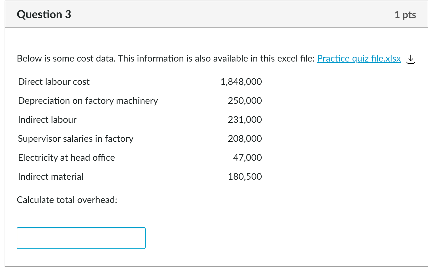 Solved Question 3 1 pts Below is some cost data. This | Chegg.com