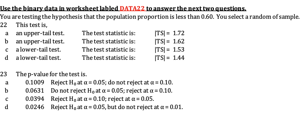 Solved Use the binary data in worksheet labled DATA22 to | Chegg.com