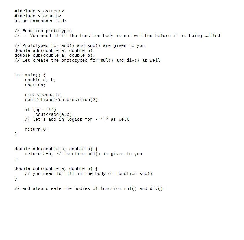 Solved Q1. Download calc.cpp. Complete the function | Chegg.com image.