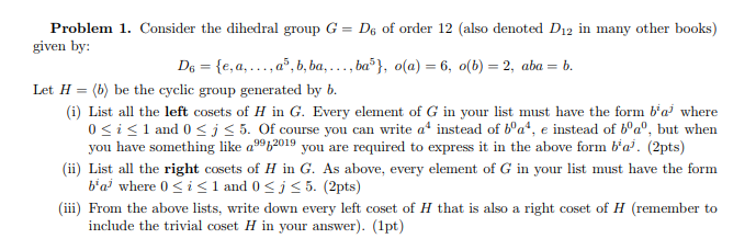 Solved Consider the dihedral group G = D6 of order 12 given | Chegg.com