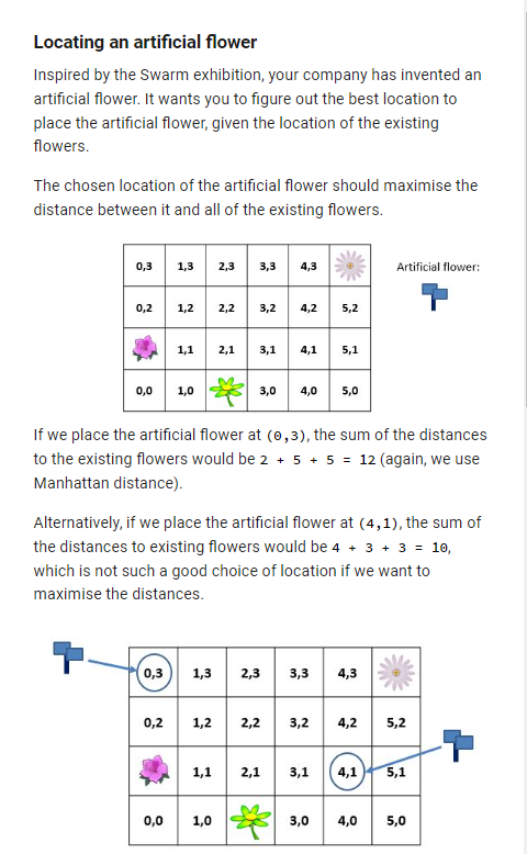 Locating an artificial flower
Inspired by the Swarm exhibition, your company has invented an artificial flower. It wants you 