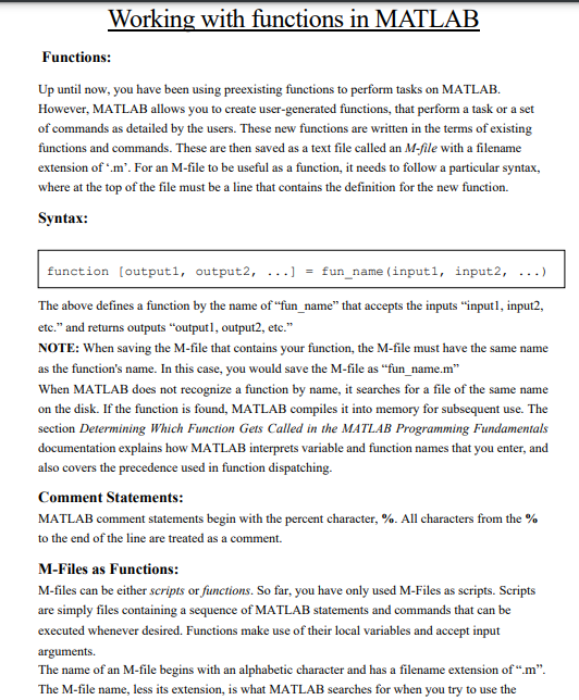Solved Working with functions in MATLAB Functions: Up until | Chegg.com