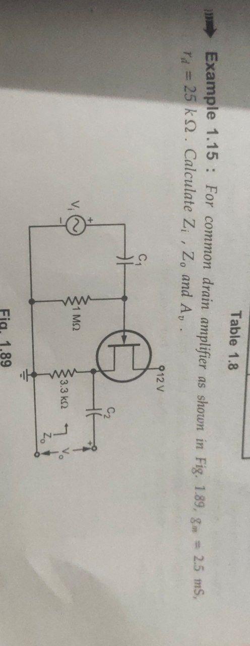 Solved Table 1.8 Example 1.15 : For common drain amplifier | Chegg.com