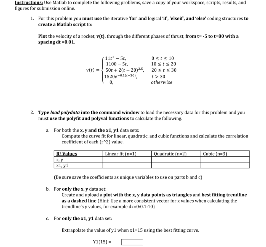 Solved Instructions: Use Matlab to complete the following | Chegg.com