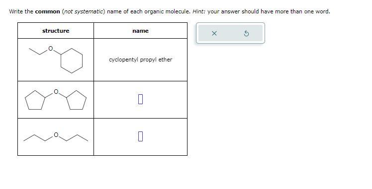 Write the common (not systematic) name of each organic molecule. Hint: your answer should have more than one word.