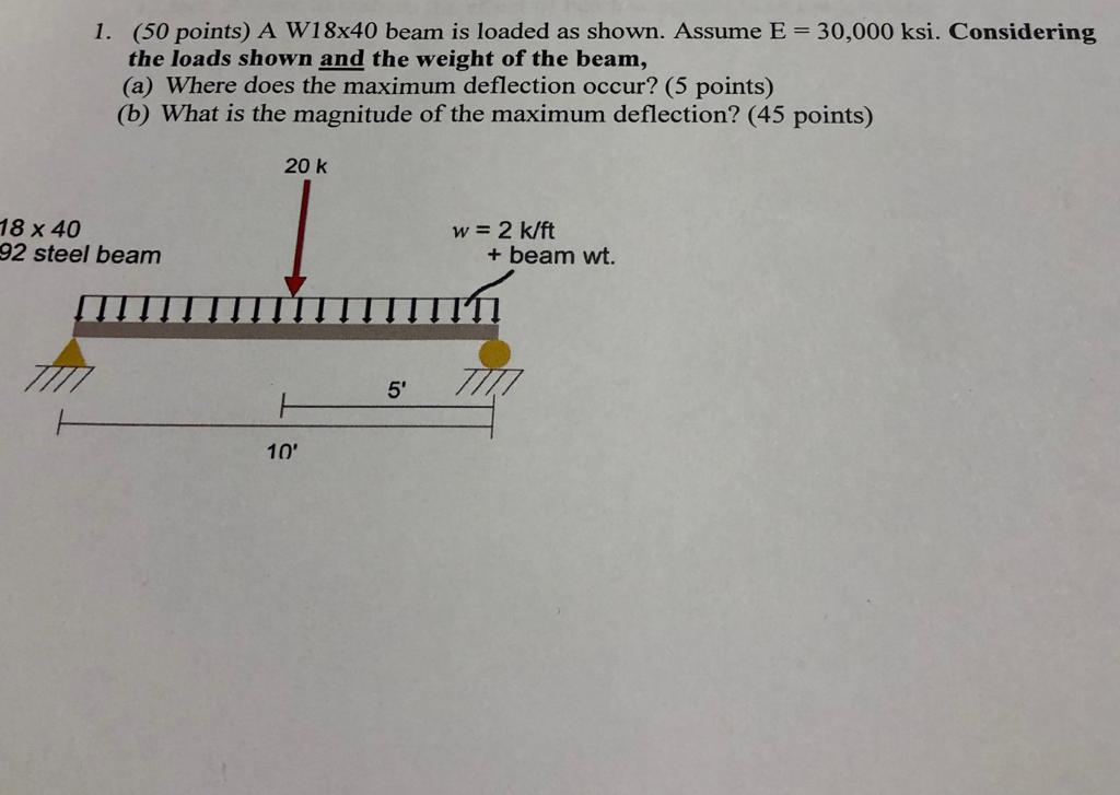 Solved 1. (50 points) A W18x40 beam is loaded as shown. | Chegg.com