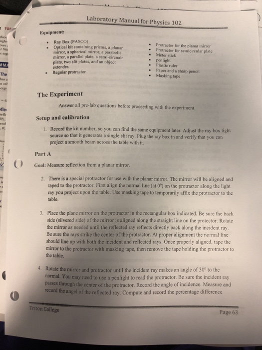Solved Laboratory Manual for Physics 102 Lab S1: Reflection | Chegg.com