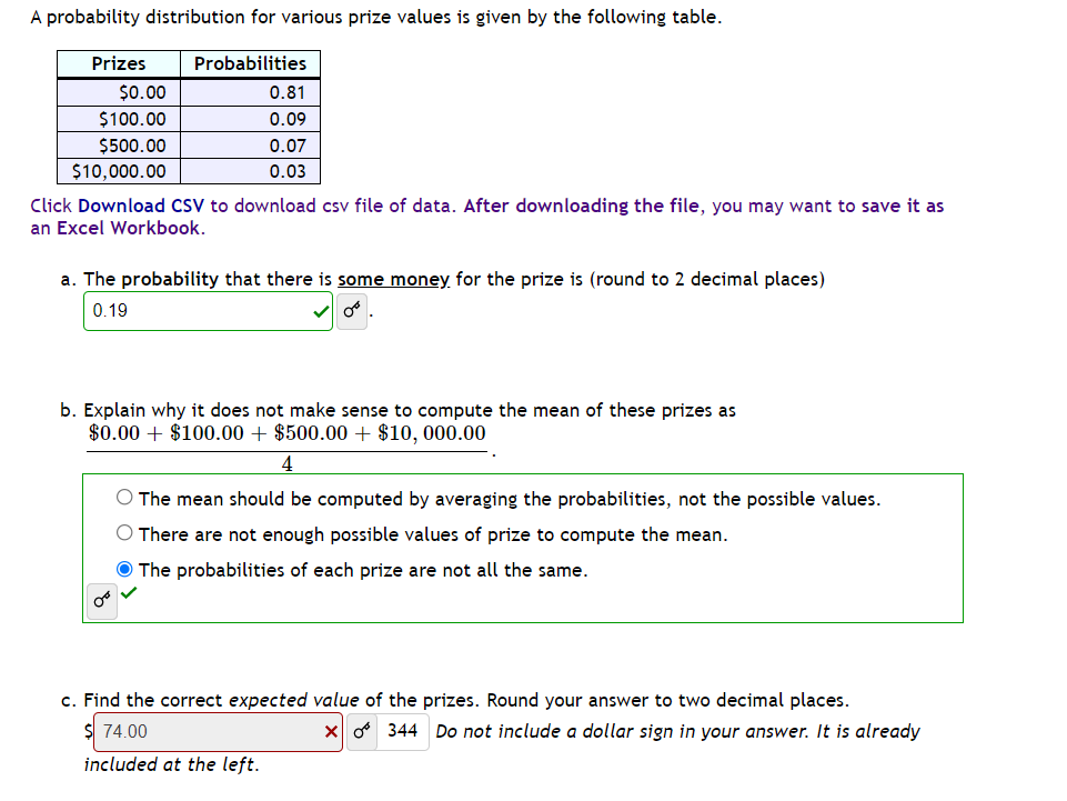 Solved A probability distribution for various prize values | Chegg.com