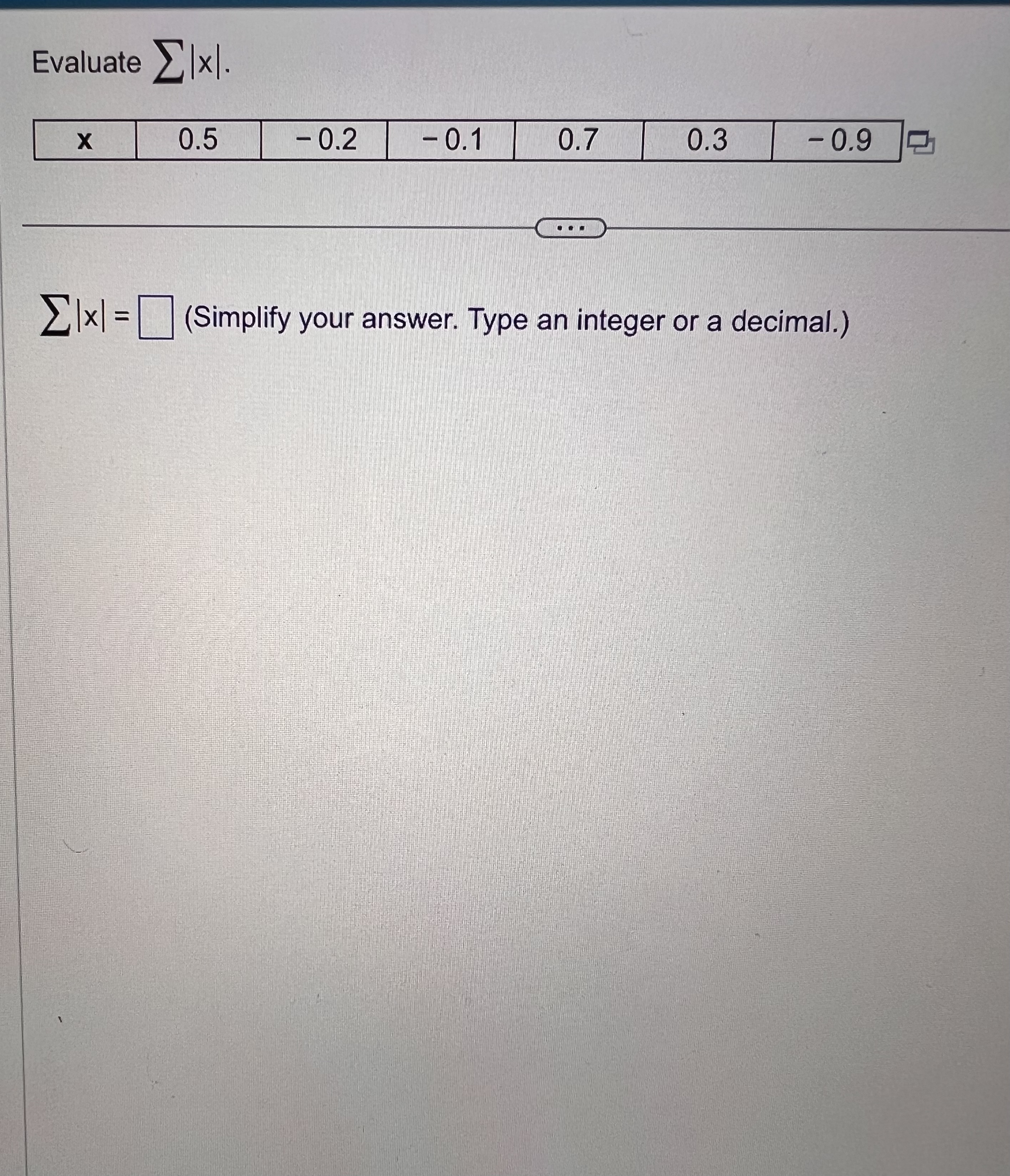 Solved Evaluate ∑??|x|.∑??|x|=, (Simplify your answer. Type | Chegg.com