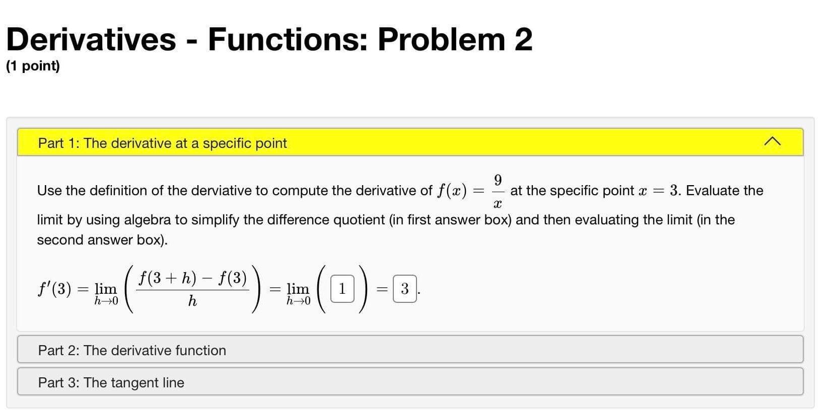 Solved Derivatives Functions: Problem 2 (1 Point) Part 1: | Chegg.com