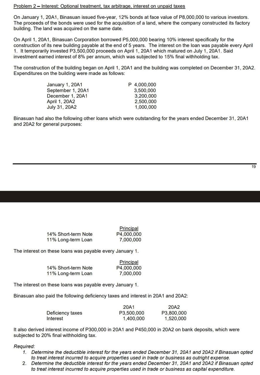 Solved Problem 2 Interest Optional treatment, tax
