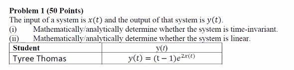 Solved Problem 1 (50 Points) The input of a system is x(t) | Chegg.com