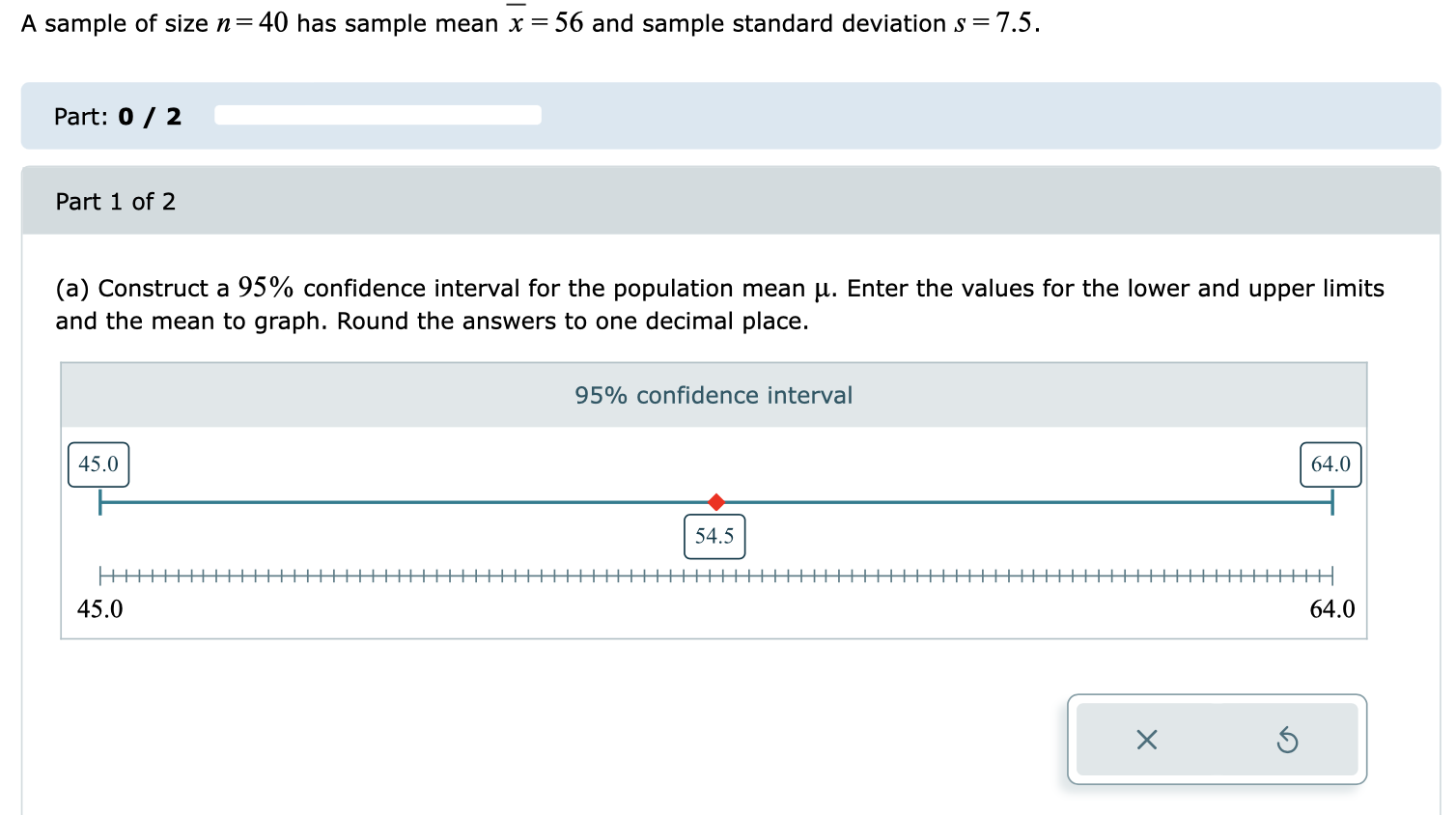 Solved A sample of size n=40 has sample mean xˉ=56 and | Chegg.com