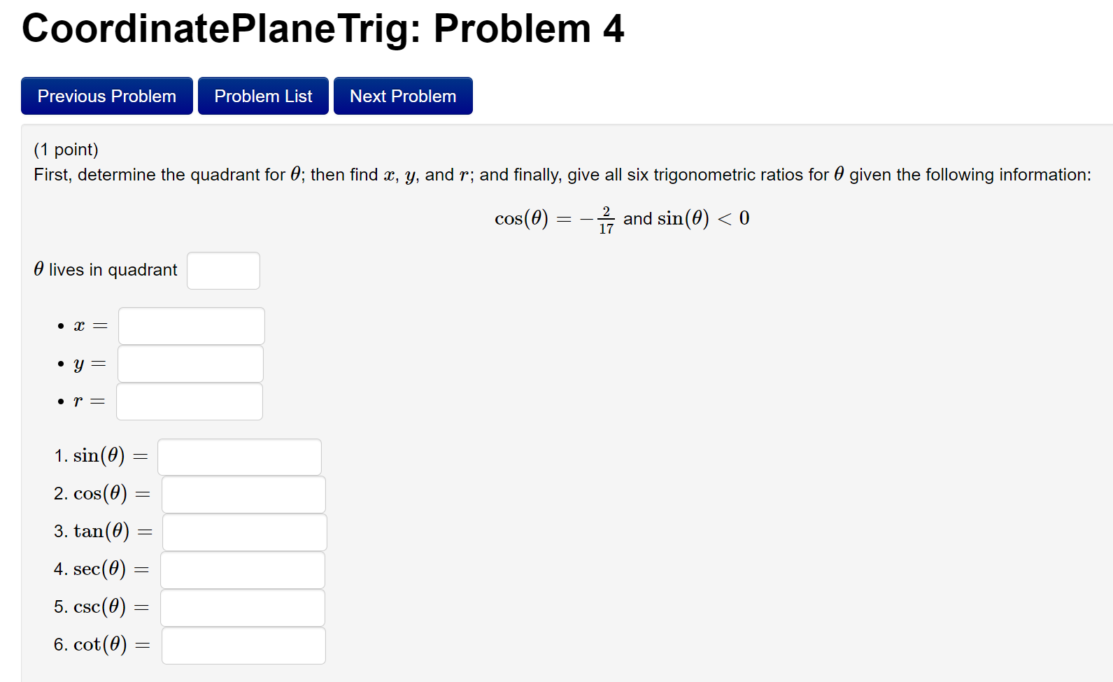 Solved CoordinatePlane Trig: Problem 4 Previous Problem | Chegg.com