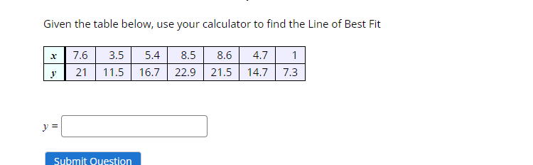 Solved Given the table below, use your calculator to find | Chegg.com