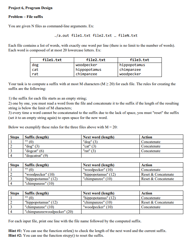 Solved Project 6, Program Design Problem - File suffix You | Chegg.com