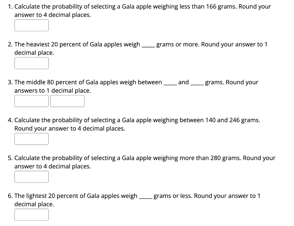 1. Calculate the probability of selecting a Gala apple weighing less than 166 grams. Round your answer to 4 decimal places.
2