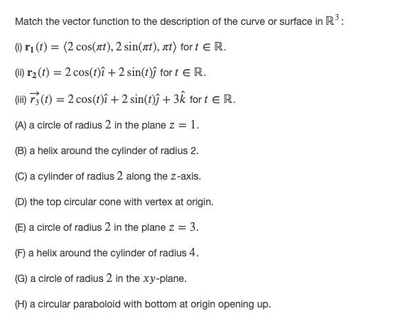 Solved Match The Vector Function To The Description Of The Chegg Com