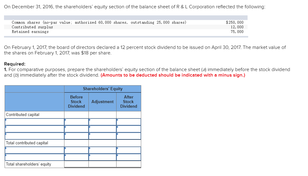 On december 31, 2016, the shareholders equity section of the balance sheet of r&l corporation reflected the following: commo