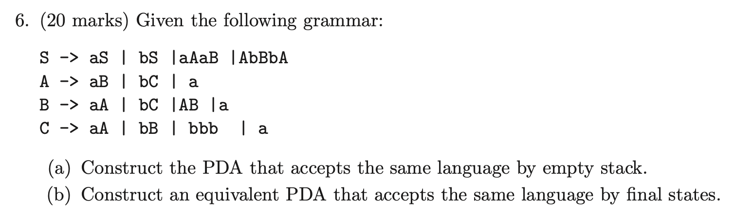 Solved 6. (20 Marks) Given The Following Grammar: | Chegg.com