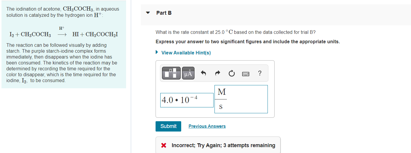 Solved The iodination of acetone, CH3COCH3, in aqueous | Chegg.com