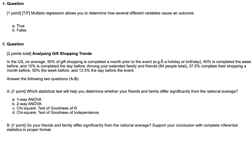 4 Question 1 Point T F Multiple Regression Chegg Com