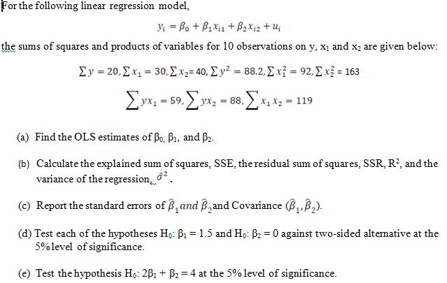 Solved For The Following Linear Regression Model, Y: = Bo + | Chegg.com