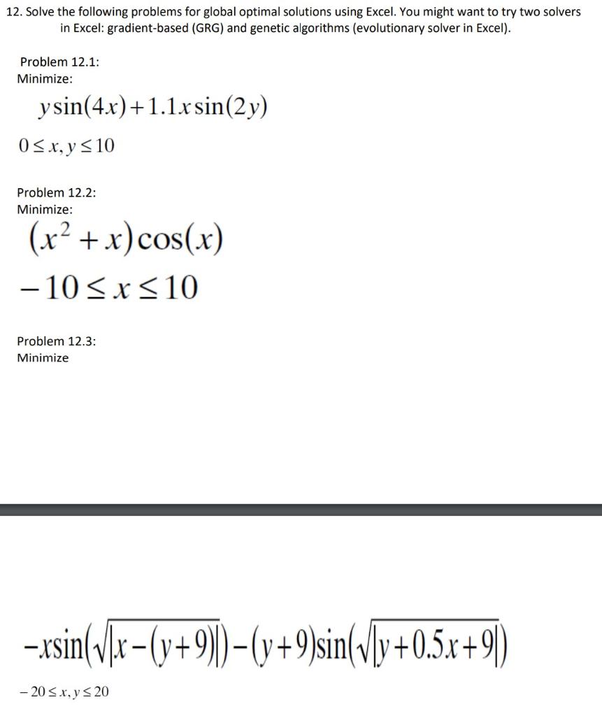 Solved 12. Solve The Following Problems For Global Optimal | Chegg.com