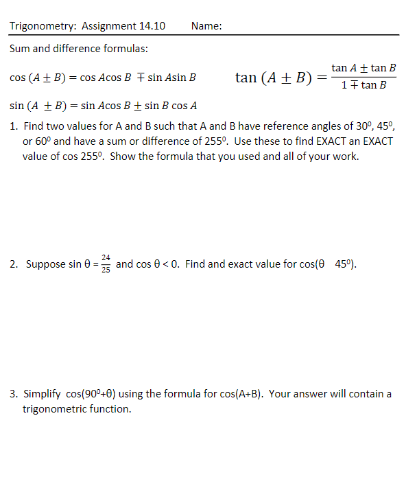 Solved - Trigonometry: Assignment 14.10 Name: Sum and | Chegg.com