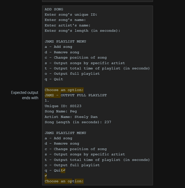 Solved Input Dance List q Enter playlist's title: Your | Chegg.com