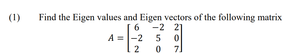 Solved (1) Find the Eigen values and Eigen vectors of the | Chegg.com