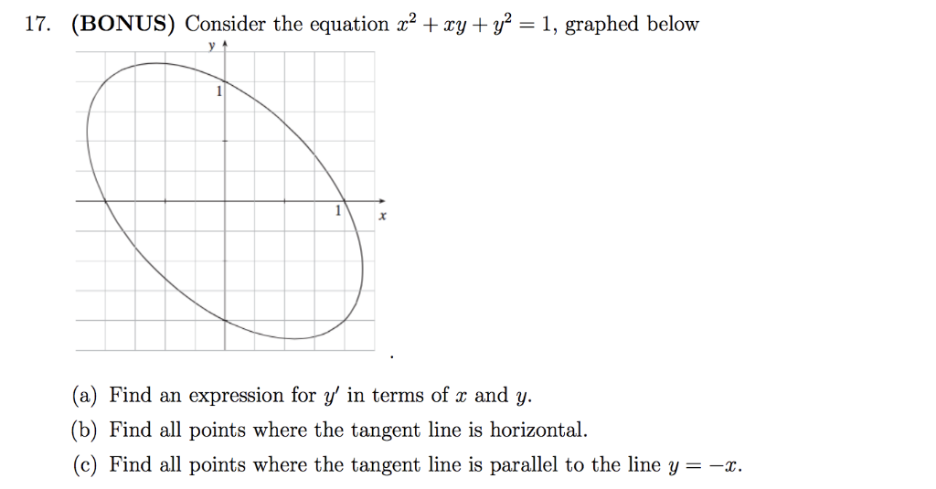 Solved 17. (BONUS) Consider the equation x2 + xy + y2 = 1, | Chegg.com