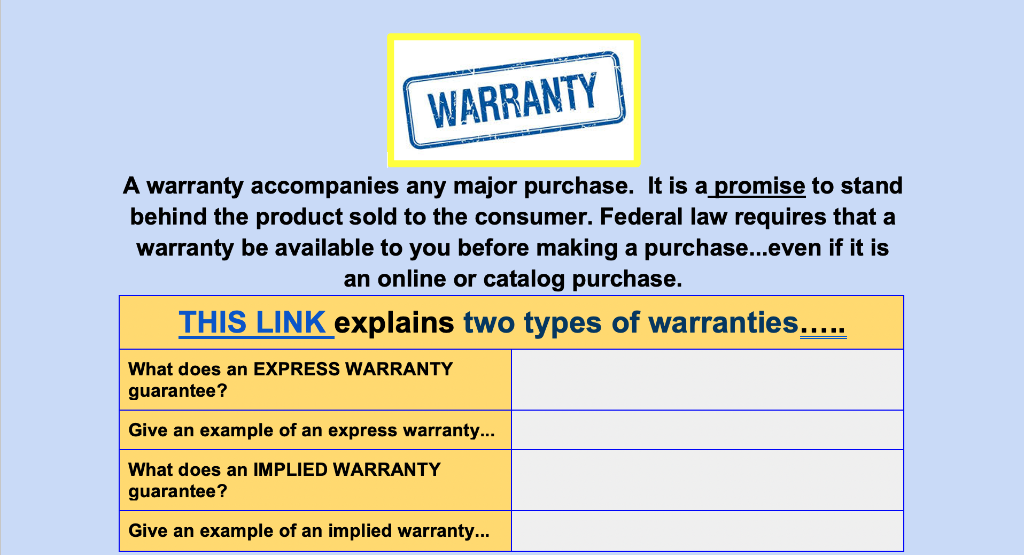 Solved WARRANTY A warranty any major purchase.