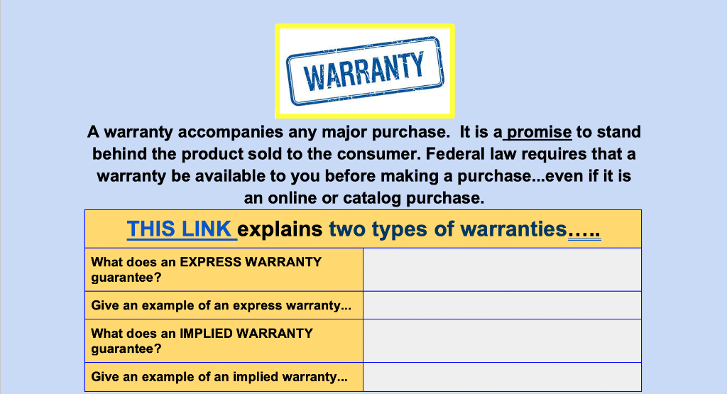 Solved WARRANTY A warranty accompanies any major purchase. 
