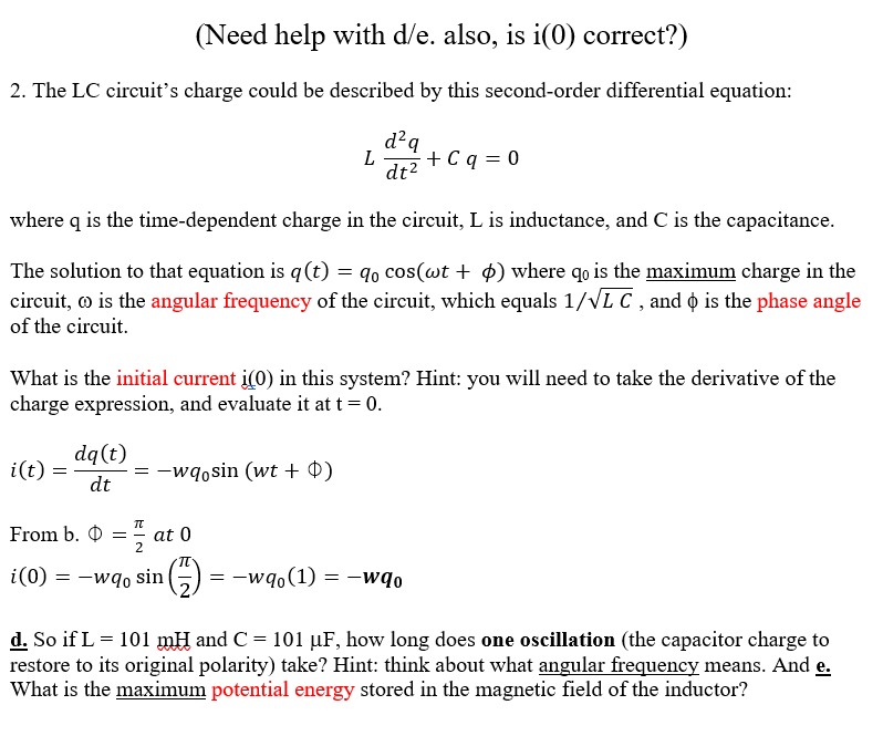 Solved Need Help With D E Also Is I 0 Correct 2 Th Chegg Com