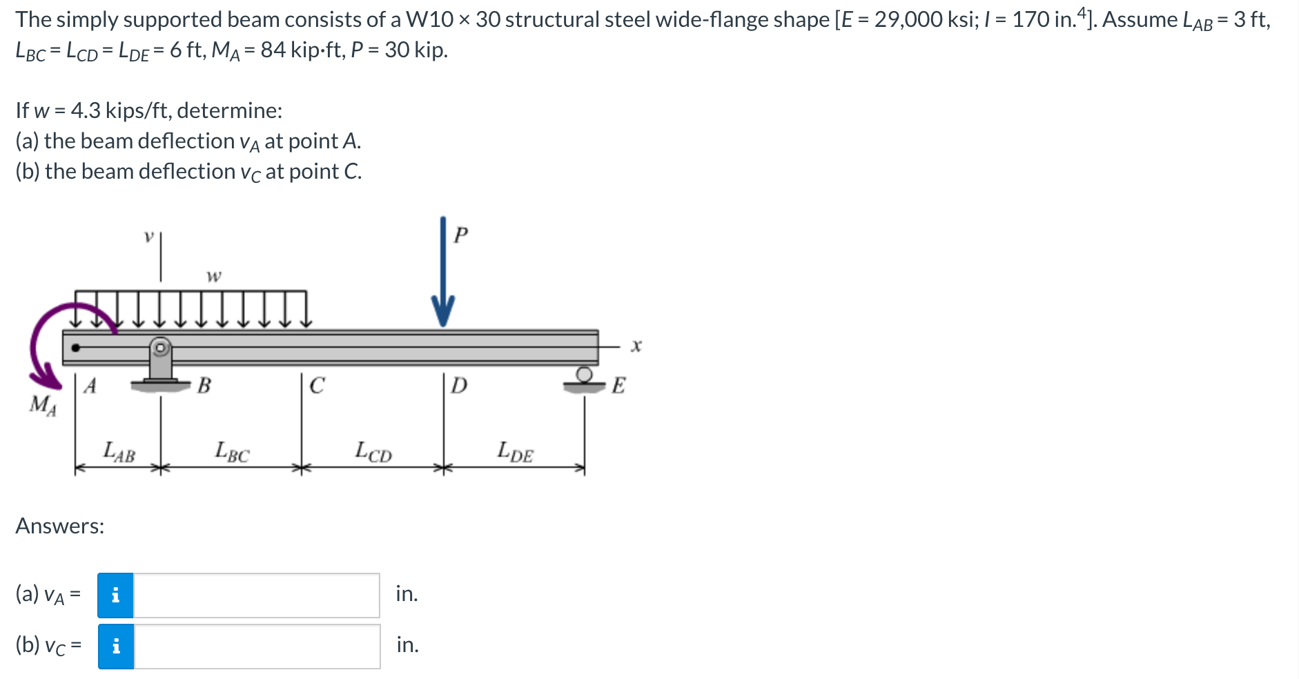 Solved The simply supported beam consists of a W10 ~ 30 | Chegg.com