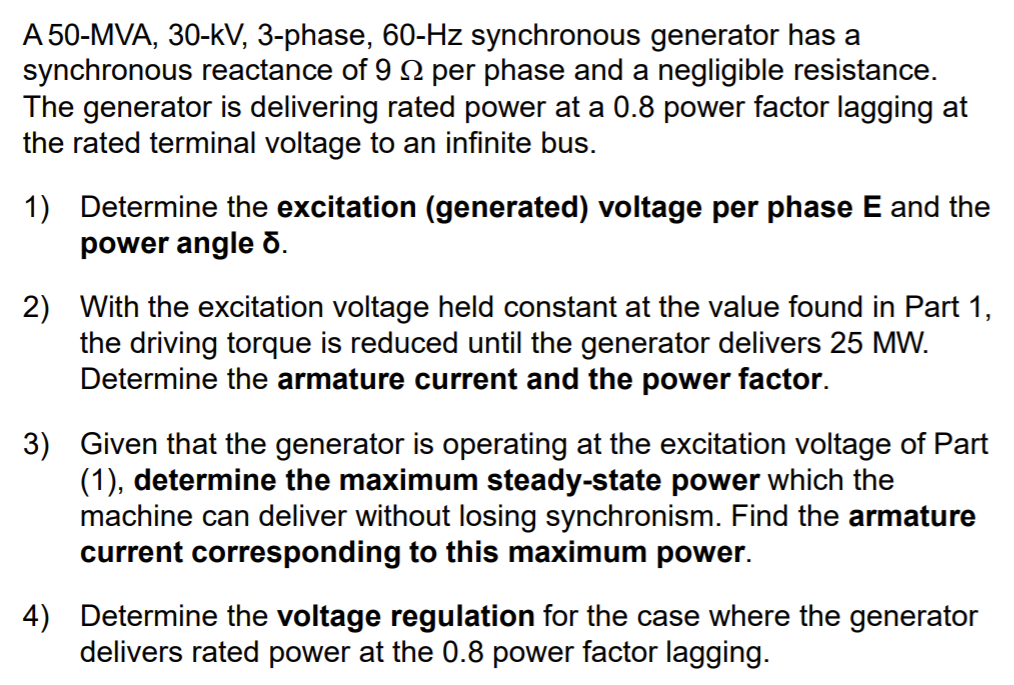 Solved A 50-MVA, 30-KV, 3-phase, 60-Hz Synchronous Generator | Chegg.com