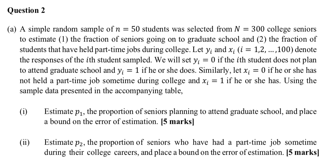 Solved Question 2 (a) A simple random sample of n = 50 | Chegg.com