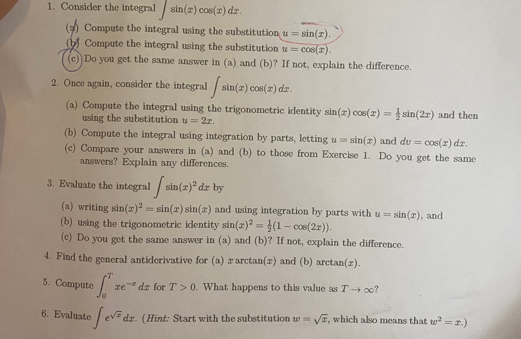 Solved 1. Consider The Integral / Sin(x) Cos(x) Dx. Compute | Chegg.com