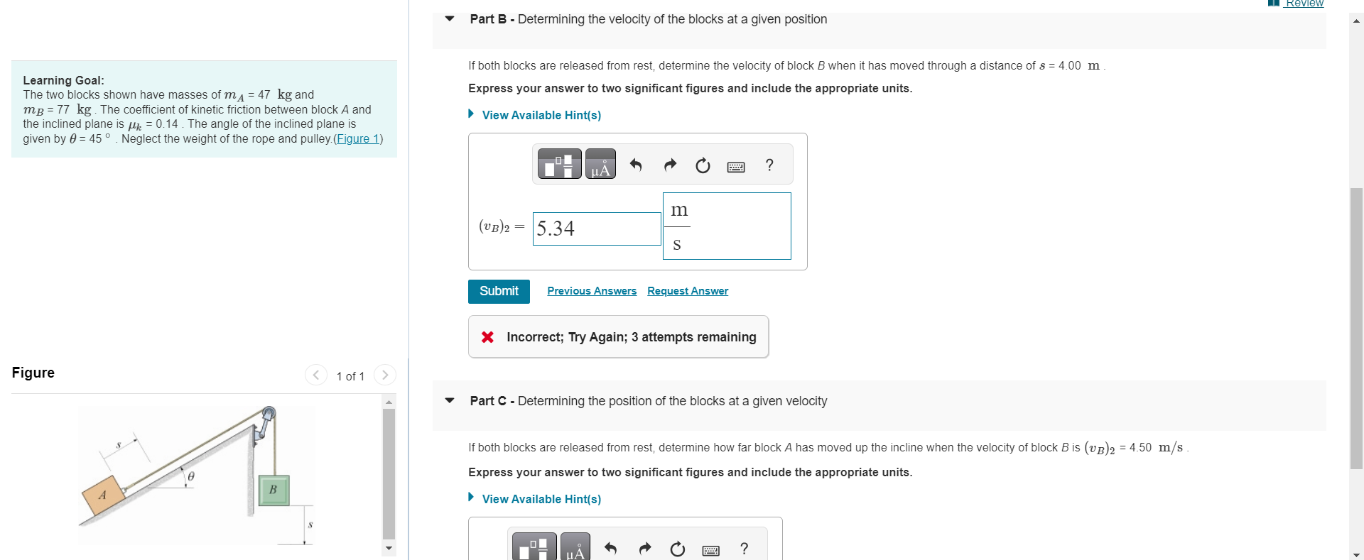Solved Part B - Determining the velocity of the blocks at a | Chegg.com