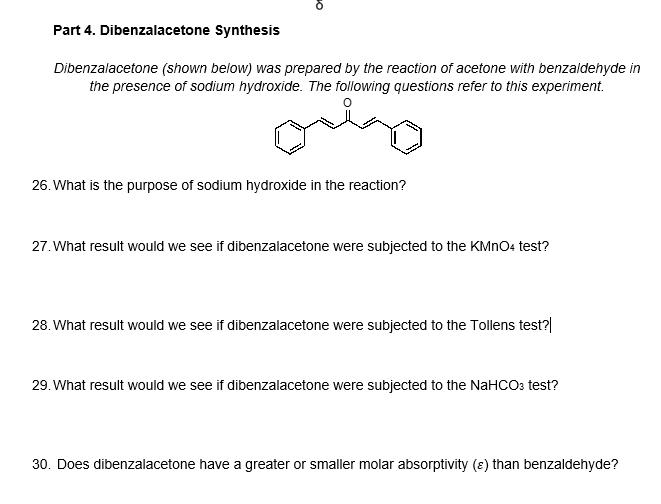 Solved Part 4. Dibenzalacetone Synthesis Dibenzalacetone | Chegg.com