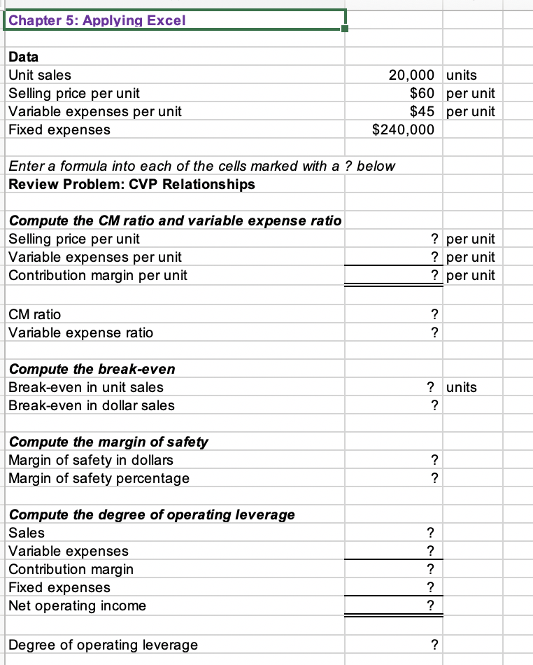 Solved Chapter 5: Applying Excel Data Unit sales 20,000 | Chegg.com