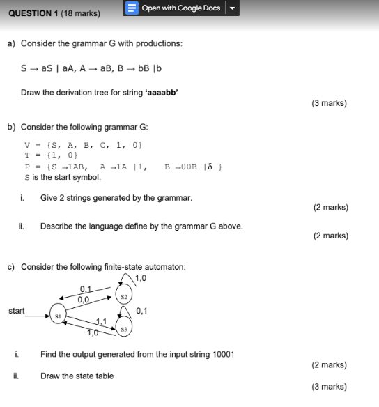 Solved A) Consider The Grammar G With Productions: | Chegg.com